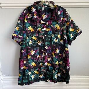 Amacan Men's Multicolor Hawaiian Shirt Tiki Masks Flowers Hot Pink Black L/XL